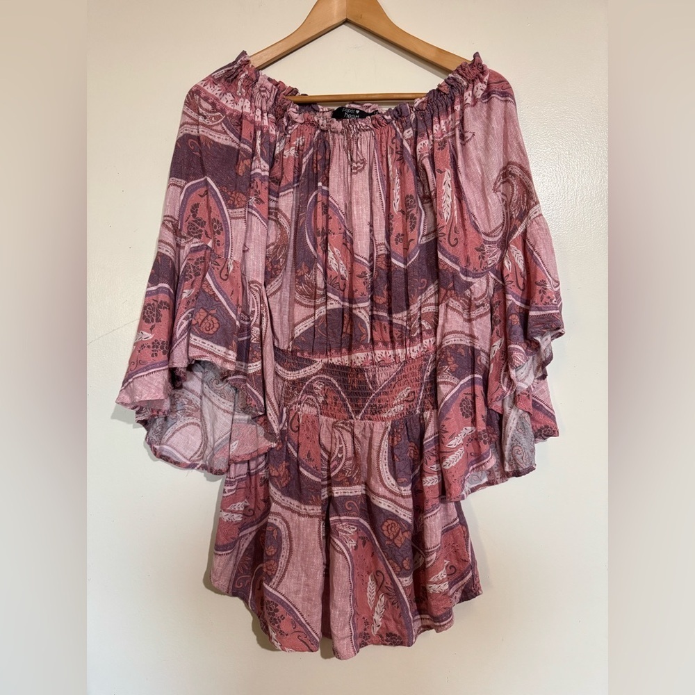 Paper heart M Paisley Off-Shoulder Women's Top Flare sleeves Rayon boho prairie